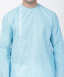 Vastramay Men's Light Blue Cotton Blend Kurta And Pyjama Set