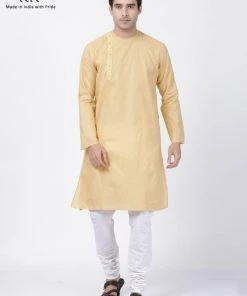 VASTRAMAY Men's Beige Cotton Blend Kurta And Pyjama Set