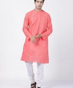 VASTRAMAY Men's Coral Pink Cotton Blend Kurta And Pyjama Set