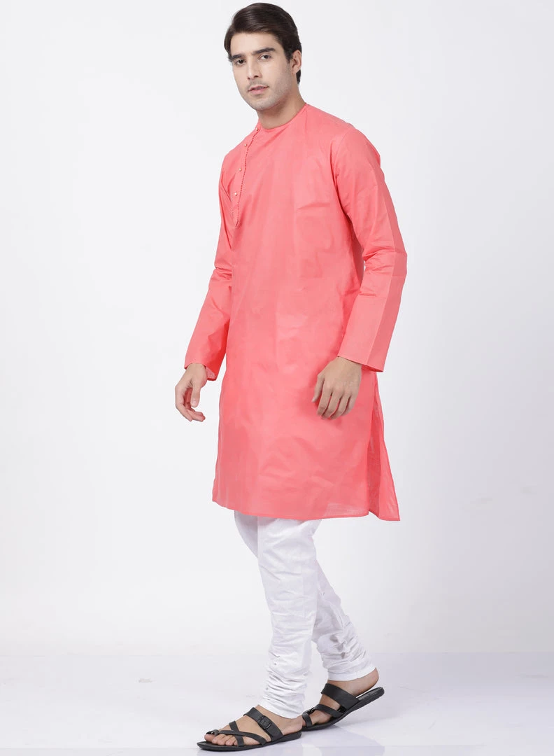 VASTRAMAY Men's Coral Pink Cotton Blend Kurta And Pyjama Set 5 VASTRAMAY Men's Coral Pink Cotton Blend Kurta And Pyjama Set