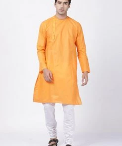 Vastramay Men's Orange Cotton Blend Kurta And Pyjama Set
