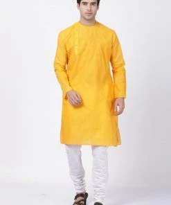 Vastramay Men's Yellow Cotton Blend Kurta And Pyjama Set Kurta Sets