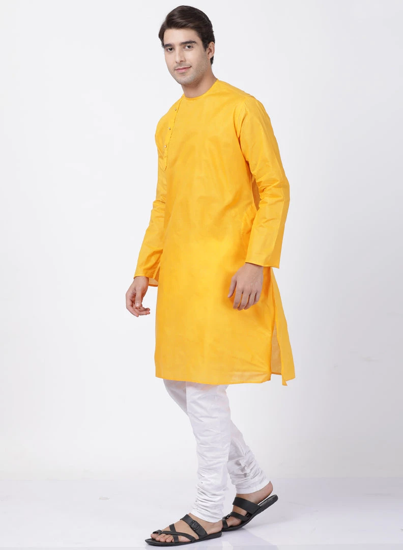 Vastramay Men's Yellow Cotton Blend Kurta And Pyjama Set Kurta Sets 4 Vastramay Men's Yellow Cotton Blend Kurta And Pyjama Set Kurta Sets