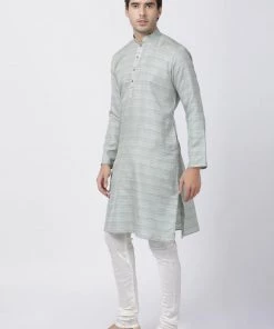 Vastramay Men's Light Green Cotton Silk Blend Kurta And Churidar Set Buy 1 Get 1