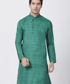 VASTRAMAY Men's Green Cotton Silk Blend Kurta