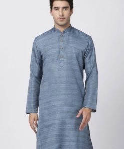 VASTRAMAY Men's Grey Cotton Silk Blend Kurta Buy 1 Get 1