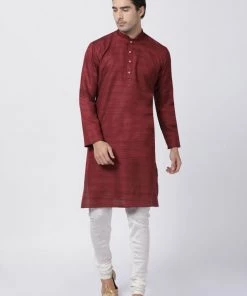 VASTRAMAY Men's Maroon Cotton Silk Blend Kurta