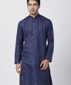 VASTRAMAY Men's Dark Blue Cotton Silk Blend Kurta Buy 1 Get 1