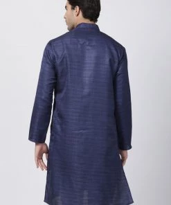 VASTRAMAY Men's Dark Blue Cotton Silk Blend Kurta Buy 1 Get 1