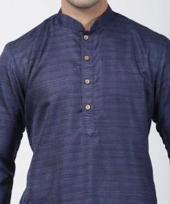 VASTRAMAY Men's Dark Blue Cotton Silk Blend Kurta Buy 1 Get 1
