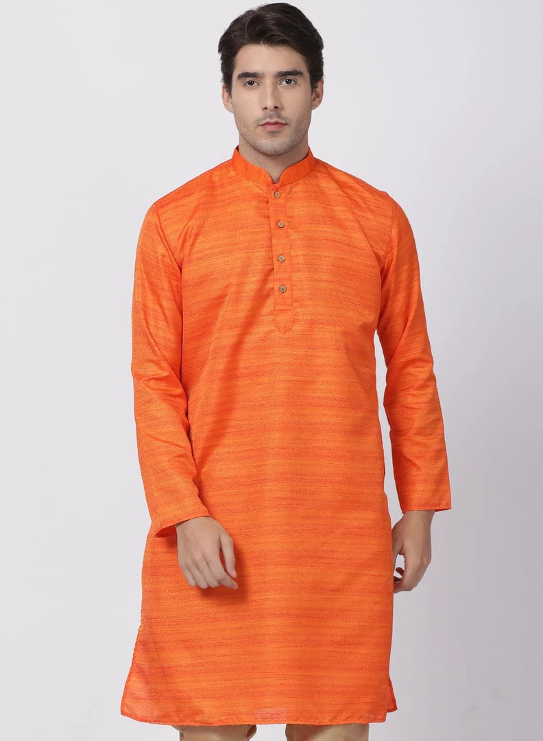 VASTRAMAY Men's Orange Cotton Silk Blend Kurta 3 VASTRAMAY Men's Orange Cotton Silk Blend Kurta
