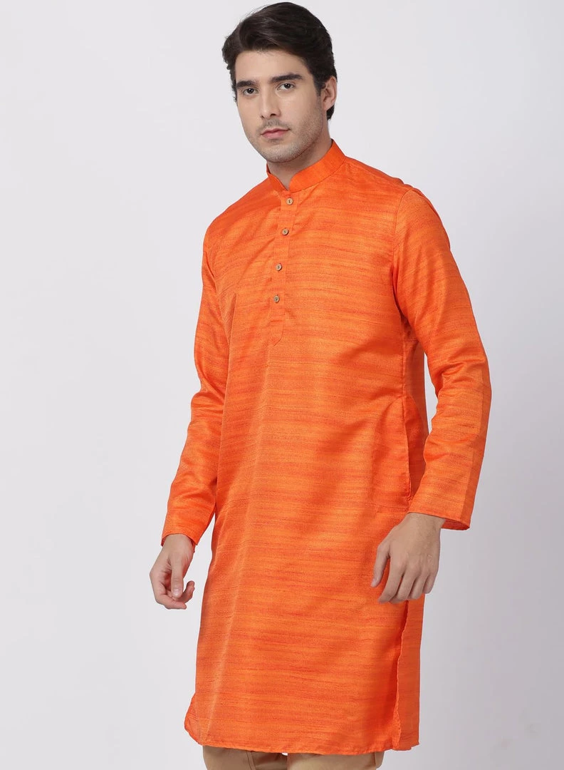 VASTRAMAY Men's Orange Cotton Silk Blend Kurta 4 VASTRAMAY Men's Orange Cotton Silk Blend Kurta