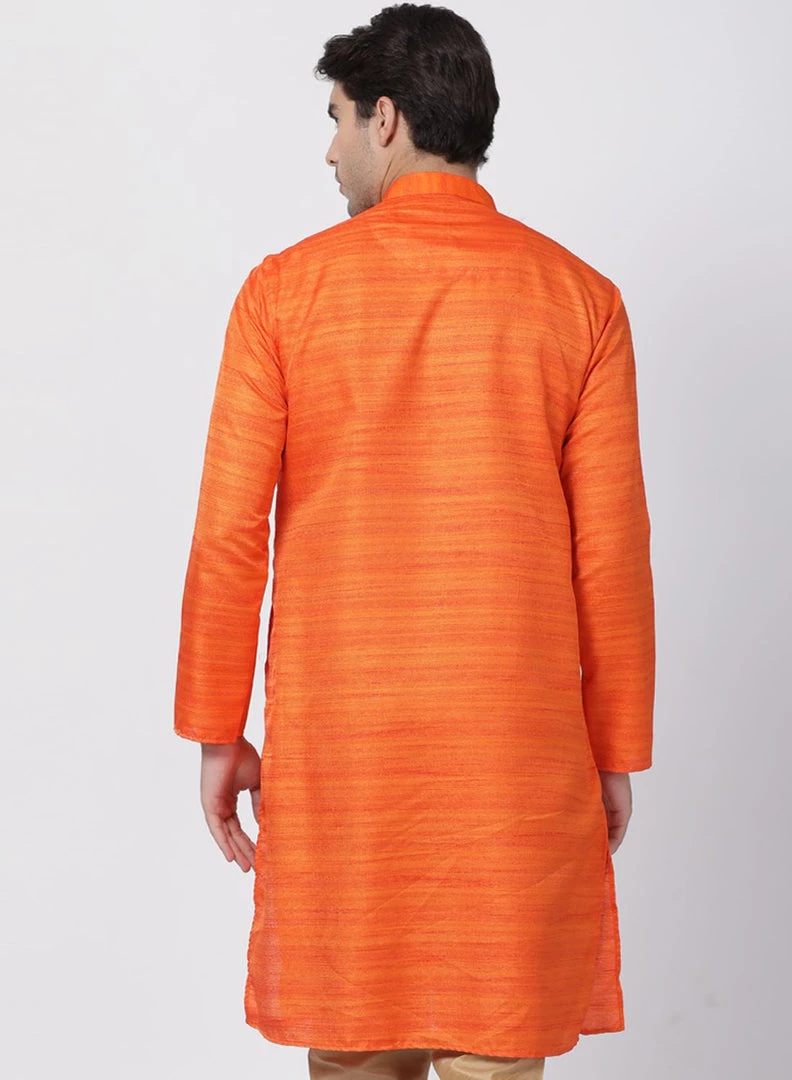VASTRAMAY Men's Orange Cotton Silk Blend Kurta 6 VASTRAMAY Men's Orange Cotton Silk Blend Kurta