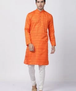 Vastramay Men's Orange Cotton Silk Blend Kurta And Pyjama Set