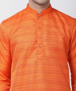 Vastramay Men's Orange Cotton Silk Blend Kurta And Pyjama Set