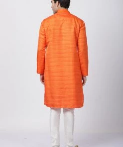 Vastramay Men's Orange Cotton Silk Blend Kurta And Pyjama Set
