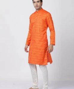 Vastramay Men's Orange Cotton Silk Blend Kurta And Pyjama Set