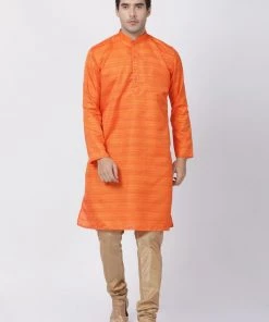Vastramay Men's Orange Cotton Silk Blend Kurta And Pyjama Set