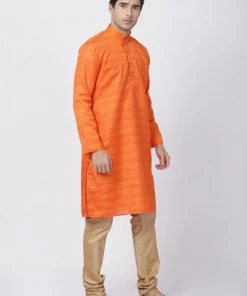 Vastramay Men's Orange Cotton Silk Blend Kurta And Pyjama Set