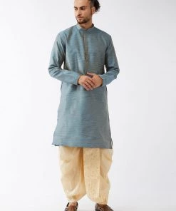 Dhoti Kurta Sets VASTRAMAY Men's Aqua Blue And Gold Silk Blend Kurta And Dhoti Set