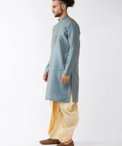 Dhoti Kurta Sets VASTRAMAY Men's Aqua Blue And Gold Silk Blend Kurta And Dhoti Set