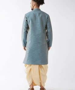 Dhoti Kurta Sets VASTRAMAY Men's Aqua Blue And Gold Silk Blend Kurta And Dhoti Set