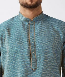 Dhoti Kurta Sets VASTRAMAY Men's Aqua Blue And Gold Silk Blend Kurta And Dhoti Set