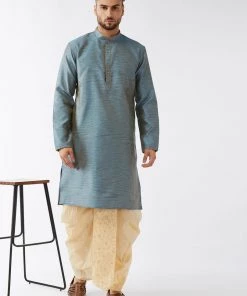 Dhoti Kurta Sets VASTRAMAY Men's Aqua Blue And Gold Silk Blend Kurta And Dhoti Set