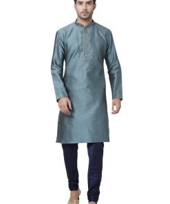 Vastramay Men's Light Blue Cotton Silk Blend Kurta And Pyjama Set