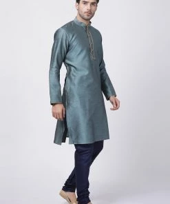 Vastramay Men's Light Blue Cotton Silk Blend Kurta And Pyjama Set 9 Vastramay Men's Light Blue Cotton Silk Blend Kurta And Pyjama Set
