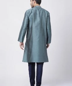 Vastramay Men's Light Blue Cotton Silk Blend Kurta And Pyjama Set 11 Vastramay Men's Light Blue Cotton Silk Blend Kurta And Pyjama Set