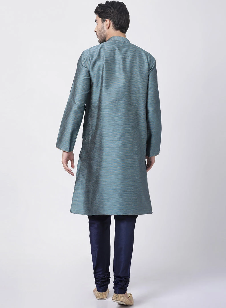 Vastramay Men's Light Blue Cotton Silk Blend Kurta And Pyjama Set 6 Vastramay Men's Light Blue Cotton Silk Blend Kurta And Pyjama Set