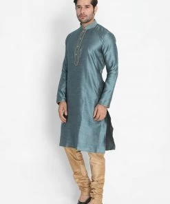 Vastramay Men's Light Blue Cotton Silk Blend Kurta And Pyjama Set