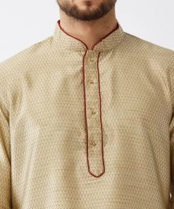 VASTRAMAY Men's Beige And Maroon Silk Blend Kurta And Dhoti Set