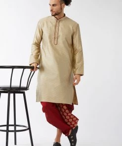 VASTRAMAY Men's Beige And Maroon Silk Blend Kurta And Dhoti Set