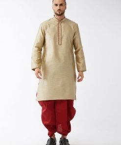 VASTRAMAY Men's Beige And Maroon Silk Blend Kurta And Dhoti Set