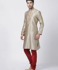 Vastramay Men's Beige Cotton Silk Blend Kurta And Pyjama Set