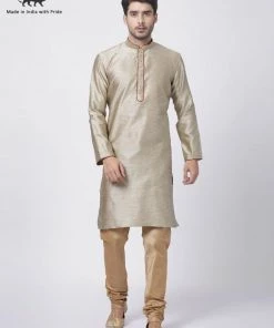 Vastramay Men's Beige Cotton Silk Blend Kurta And Pyjama Set