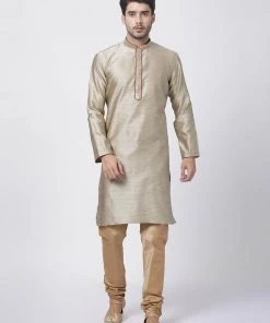 Vastramay Silk Blend Beige And Rose Gold Baap Beta Kurta Pyjama Set