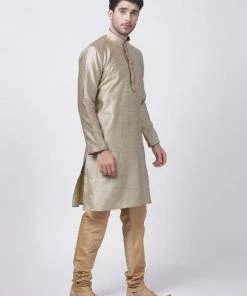 Vastramay Men's Beige Cotton Silk Blend Kurta And Pyjama Set