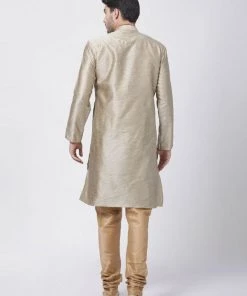 Vastramay Men's Beige Cotton Silk Blend Kurta And Pyjama Set