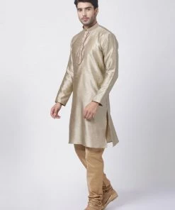 Vastramay Men's Beige Cotton Silk Blend Kurta And Pyjama Set