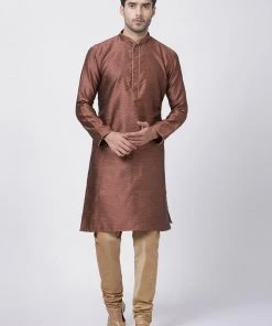 Vastramay Men's Maroon Cotton Silk Blend Kurta And Pyjama Set