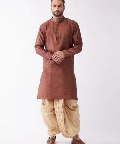 VASTRAMAY Men's Maroon And Gold Silk Blend Kurta And Dhoti Set