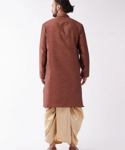 VASTRAMAY Men's Maroon And Gold Silk Blend Kurta And Dhoti Set