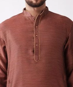 VASTRAMAY Men's Maroon And Gold Silk Blend Kurta And Dhoti Set