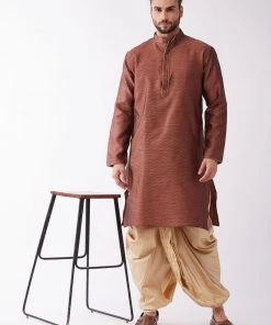 VASTRAMAY Men's Maroon And Gold Silk Blend Kurta And Dhoti Set
