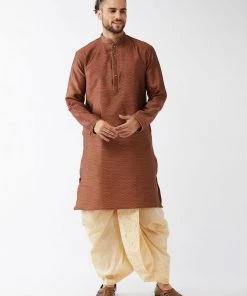 VASTRAMAY Men's Maroon And Gold Silk Blend Kurta And Dhoti Set