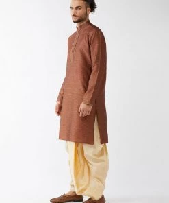 VASTRAMAY Men's Maroon And Gold Silk Blend Kurta And Dhoti Set