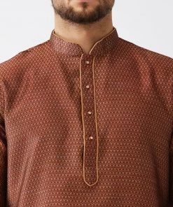 VASTRAMAY Men's Maroon And Gold Silk Blend Kurta And Dhoti Set